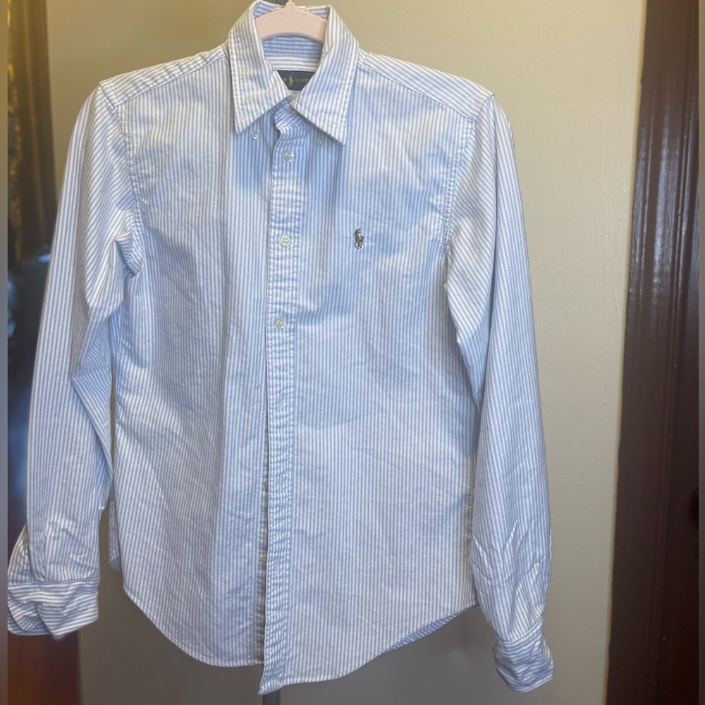 Ralph Lauren Striped light blue button down long sleeve shirt. Women’s